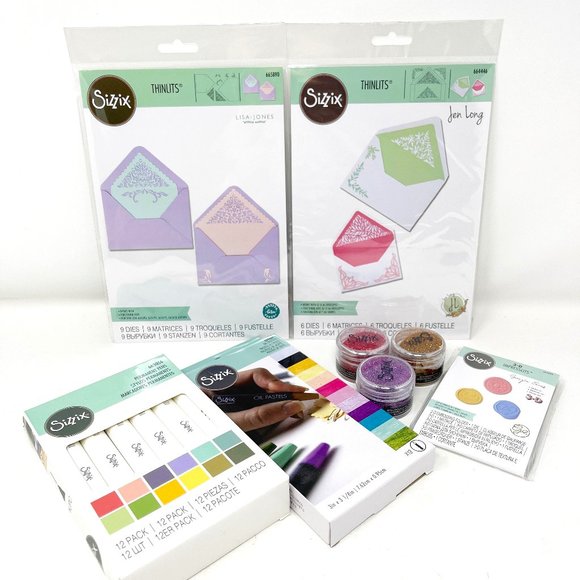 Sizzix Paper Crafts Bundle Thinlits Die Cuts Envelope Liners, Markers & Glitter